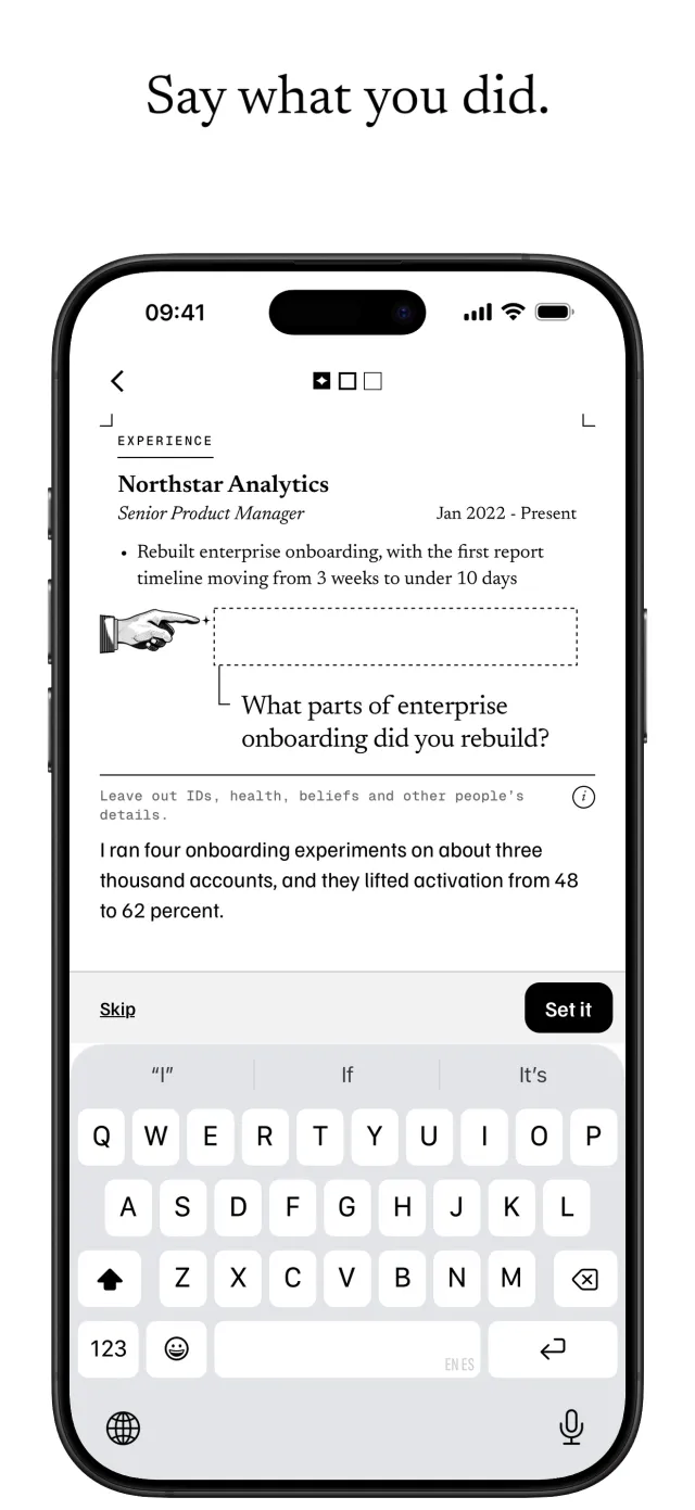 Hirova’s interview. Under a Senior Product Manager bullet, the app asks “What parts of enterprise onboarding did you rebuild?” and the answer is typed below.