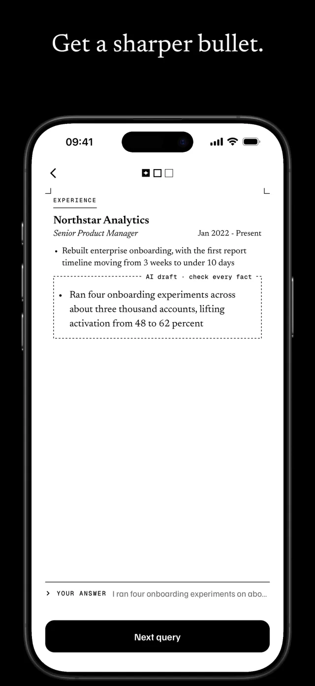 The answer set as a new resume bullet, in a dashed box labelled “AI draft, check every fact.”