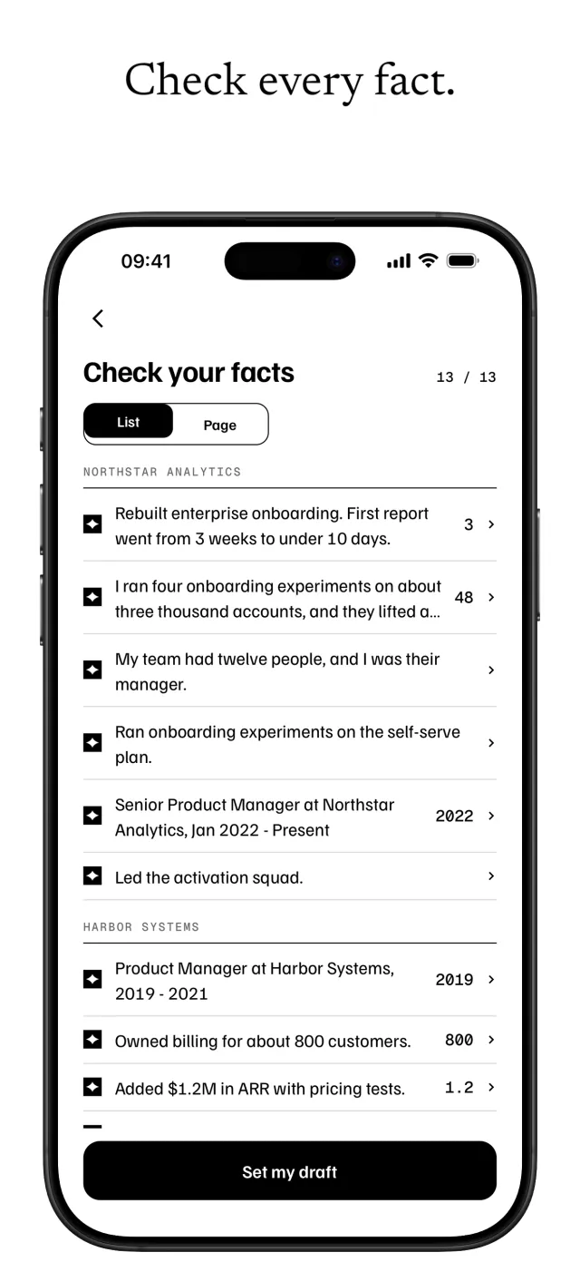 The Check your facts list. Each fact from the answers shows the number it contains, for the user to confirm.