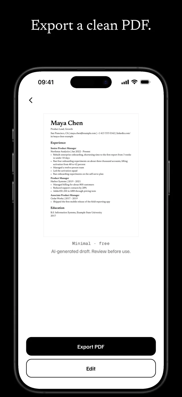 A one-page resume for Maya Chen in the free Minimal design, labelled “AI-generated draft. Review before use.”