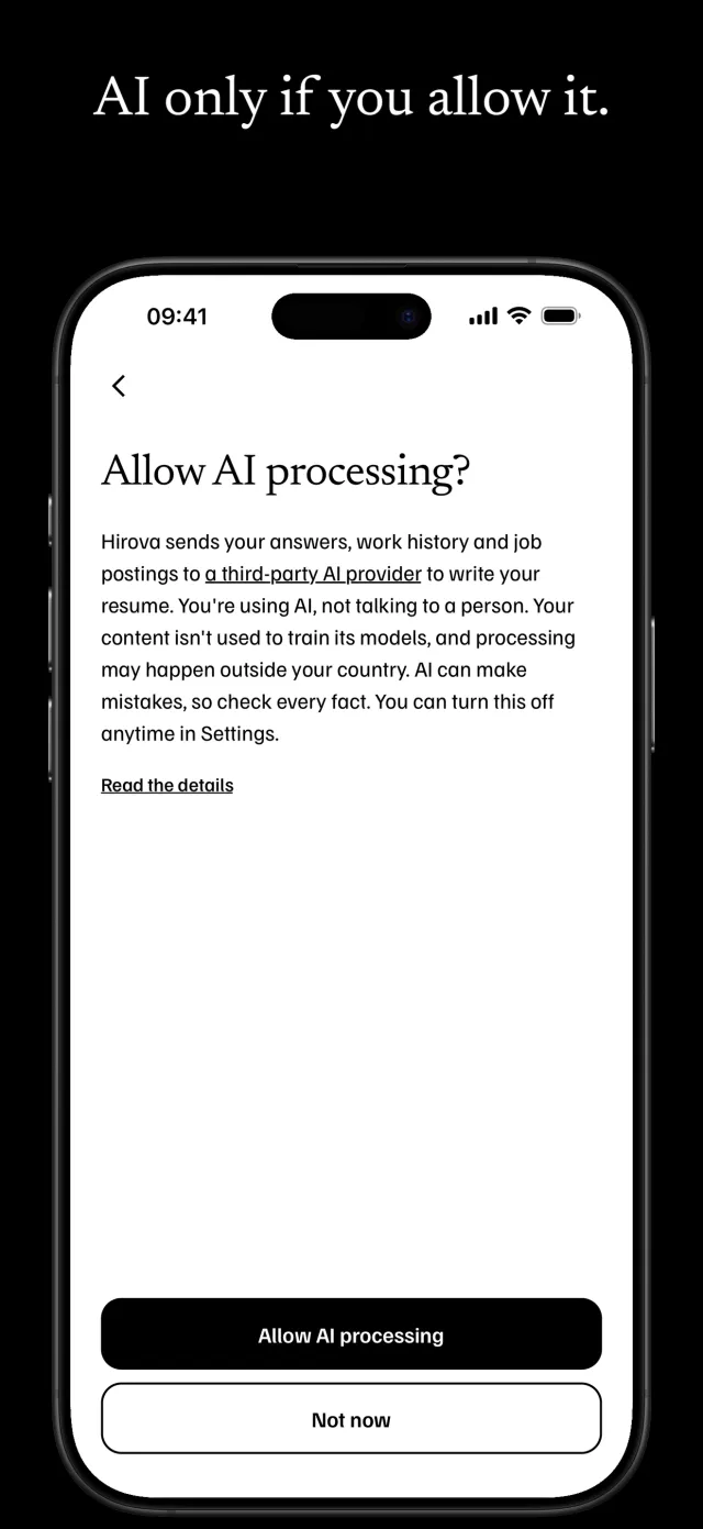 The Allow AI processing screen, which says what is sent to the AI provider, with Allow AI processing and Not now buttons.